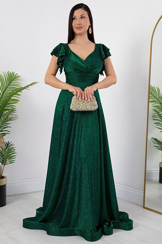 Kol Volanlı Simli Abiye Elbise 39925 - 1