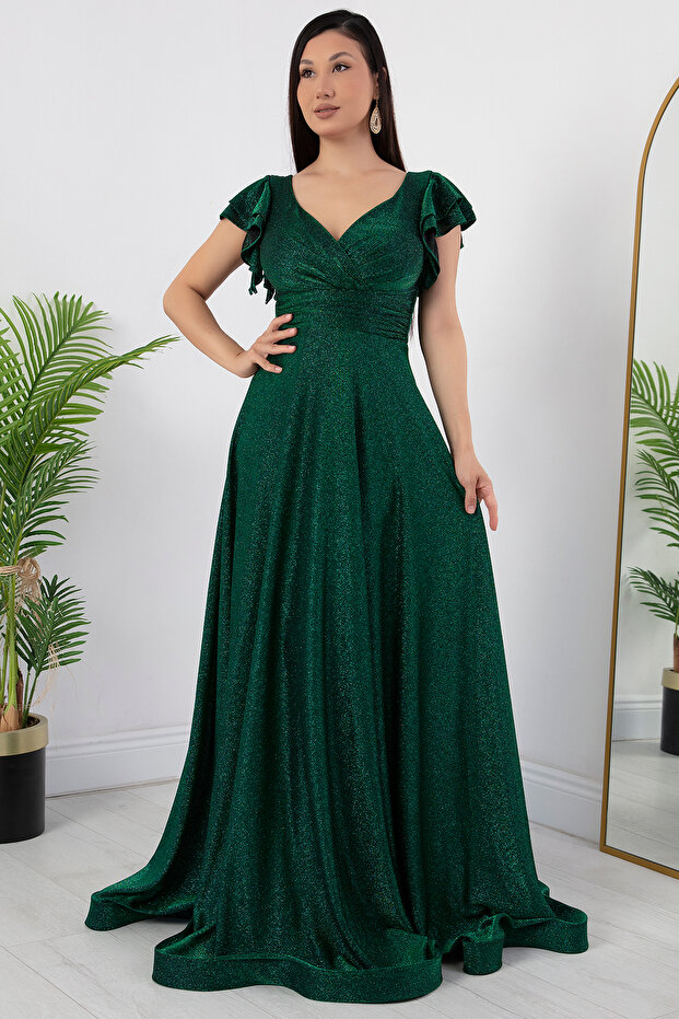 Kol Volanlı Simli Abiye Elbise 39925 - 6