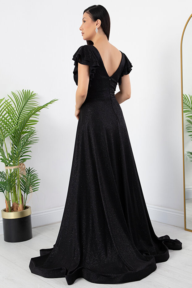 Kol Volanlı Simli Abiye Elbise 39925 - 7