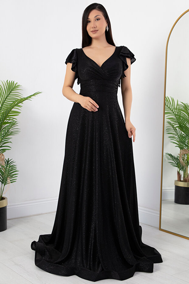 Kol Volanlı Simli Abiye Elbise 39925 - 6