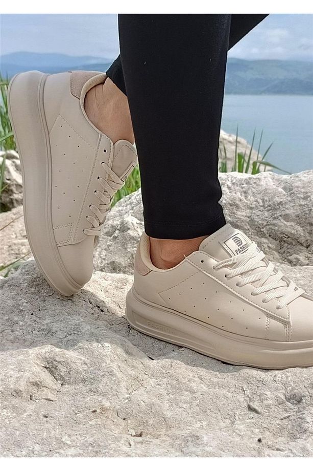 156 Bej Cilt Kalın Taban Sneaker Ayakkabı - 3