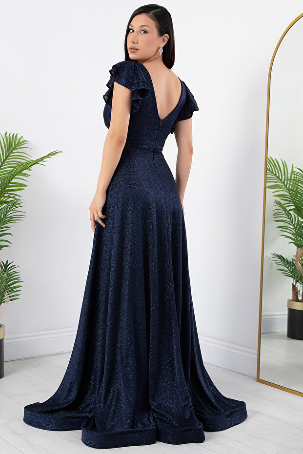 Kol Volanlı Simli Abiye Elbise 39925 - 7