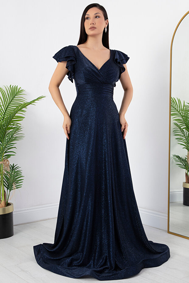 Kol Volanlı Simli Abiye Elbise 39925 - 5