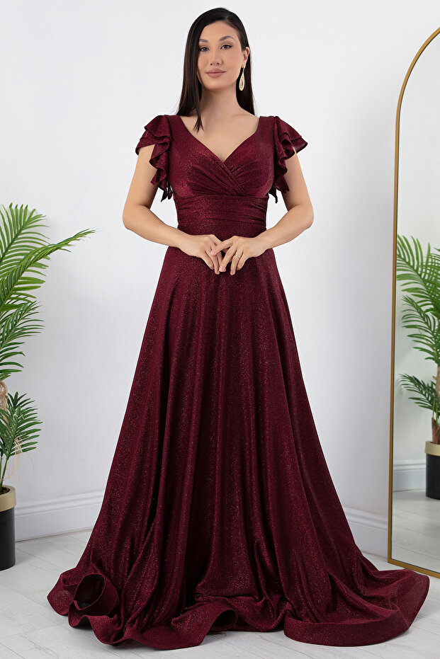 Kol Volanlı Simli Abiye Elbise 39925 - 6