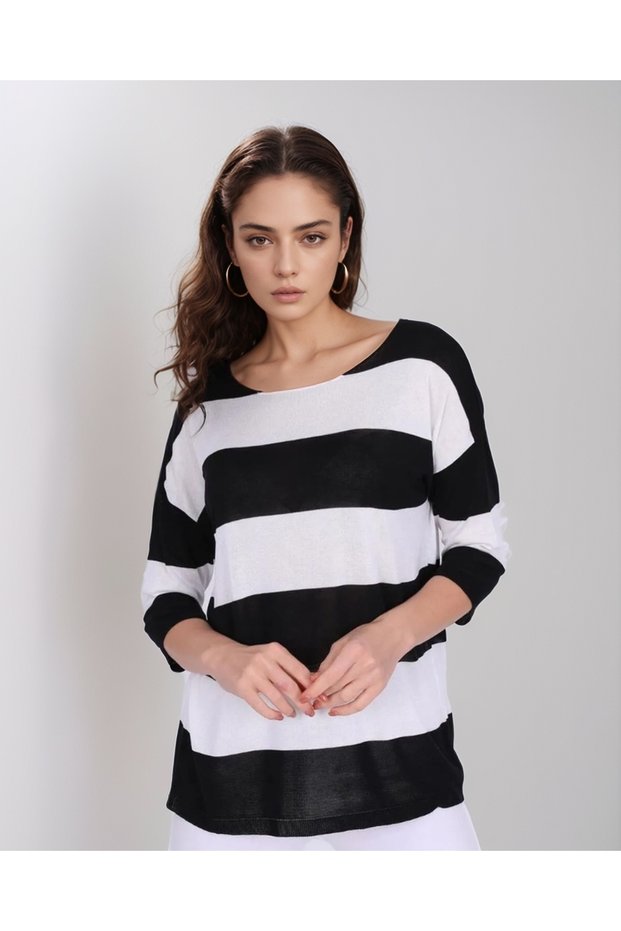 Women's Cotton Black-white Striped Poor Sleeve Thin Sweater