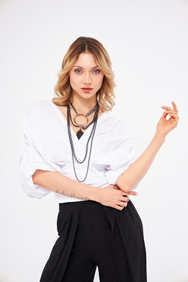 Drapeli Çapraz Yaka Bluz - 6