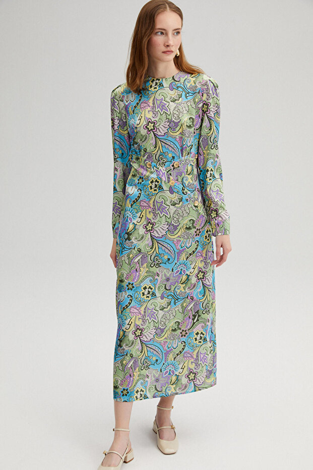 فستان منقوش بأزرار - 1