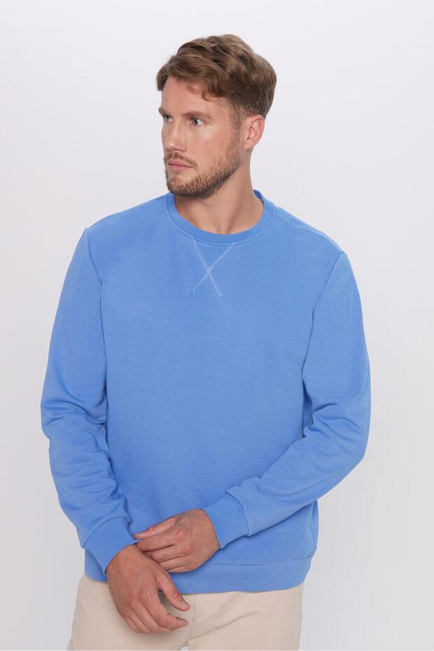 Unisex Oversize Wide Cut Cotton Basic Indigo Color Crew Neck Sweatshirt