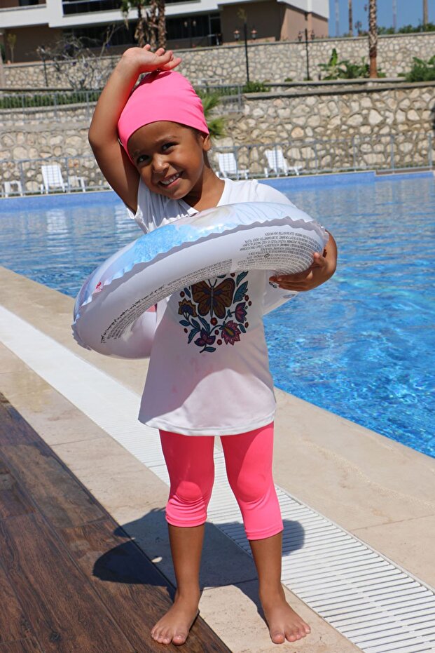 1709-1 Printed Short Sleeve Children's Pool Swimsuit-White-Pink