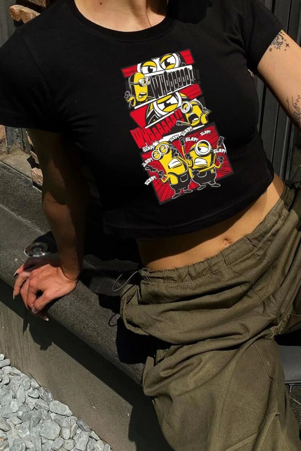 Y2K Street Style Cartoon Pattern Minions Printed Short Sleeve Black Crop Bodysuit