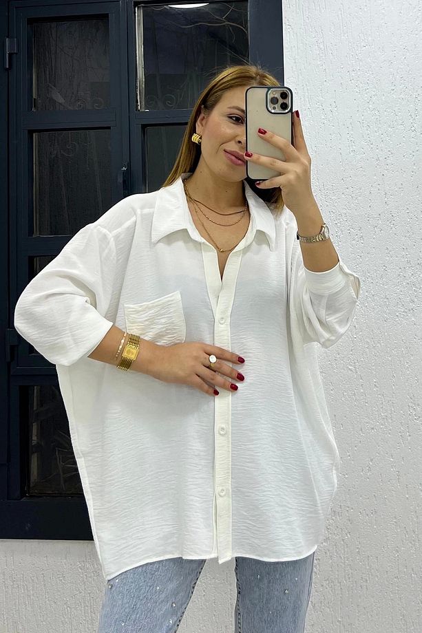 Ayrobin Kumaş Tek Cep Oversize Gömlek Beyaz - 3