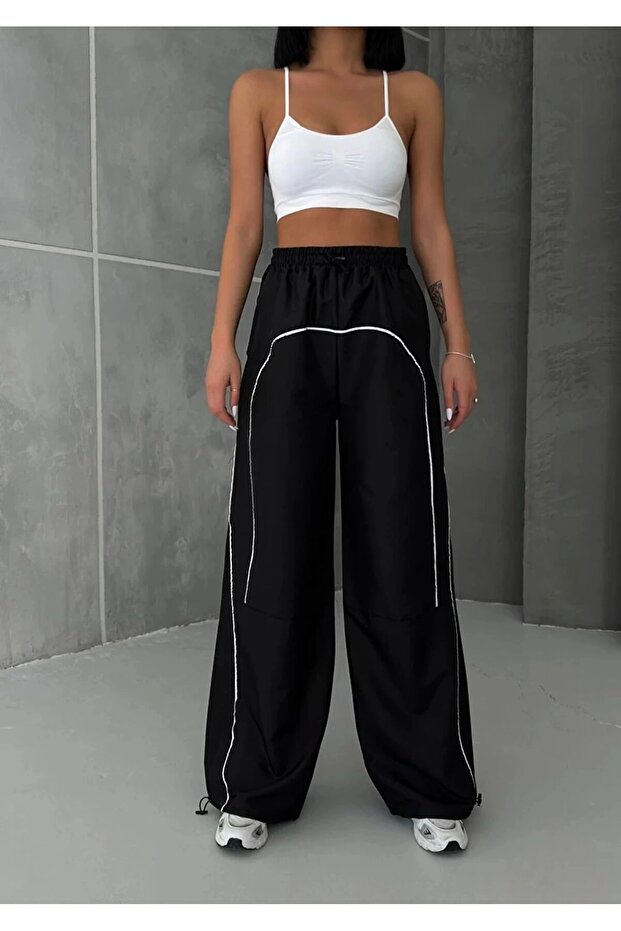 Black U Stripe Model Parachute Fabric Unisex Sweatpants