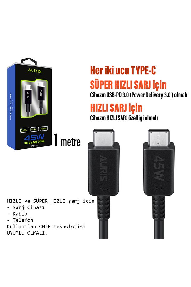 45W Süper Hızlı Şarj Kablosu Type C - Type C Samsung TYPE-C Telefonlar Uyumlu - 2