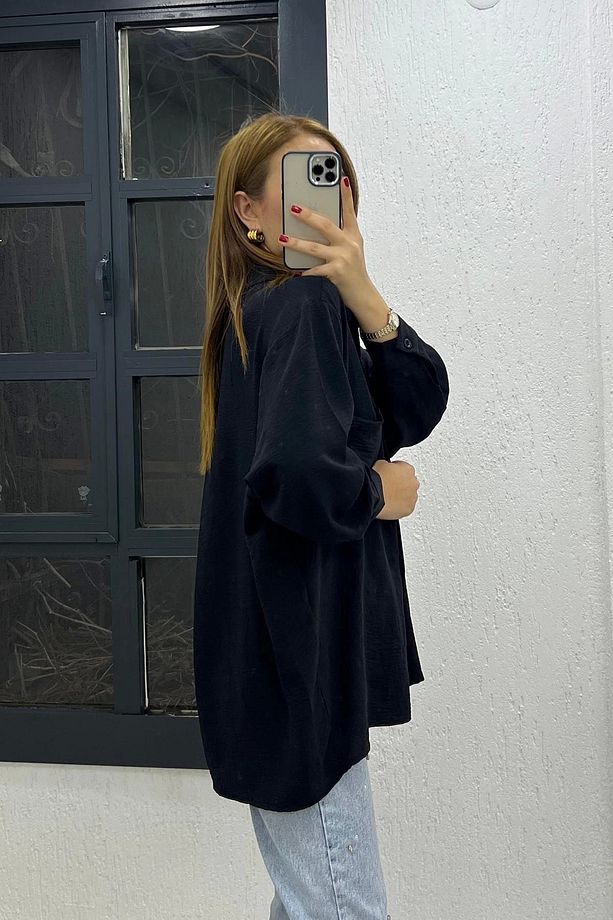 Ayrobin Kumaş Tek Cep Oversize Gömlek Siyah - 2