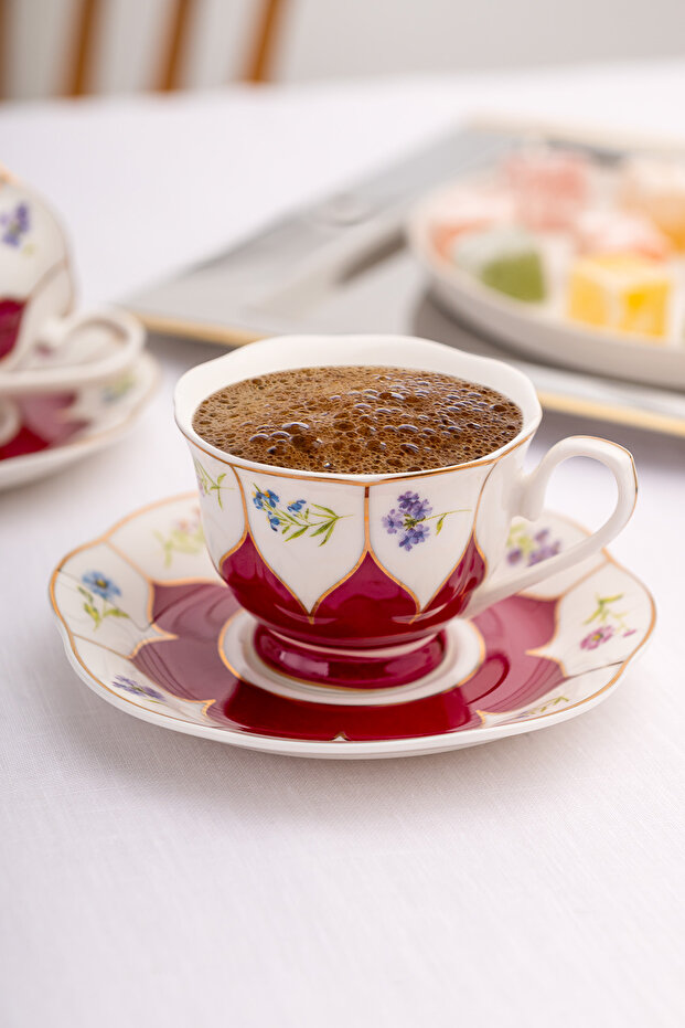 Kır Çiçekleri 2 Kişilik Kahve Fincan Takımı Bordo 80 ml - 4