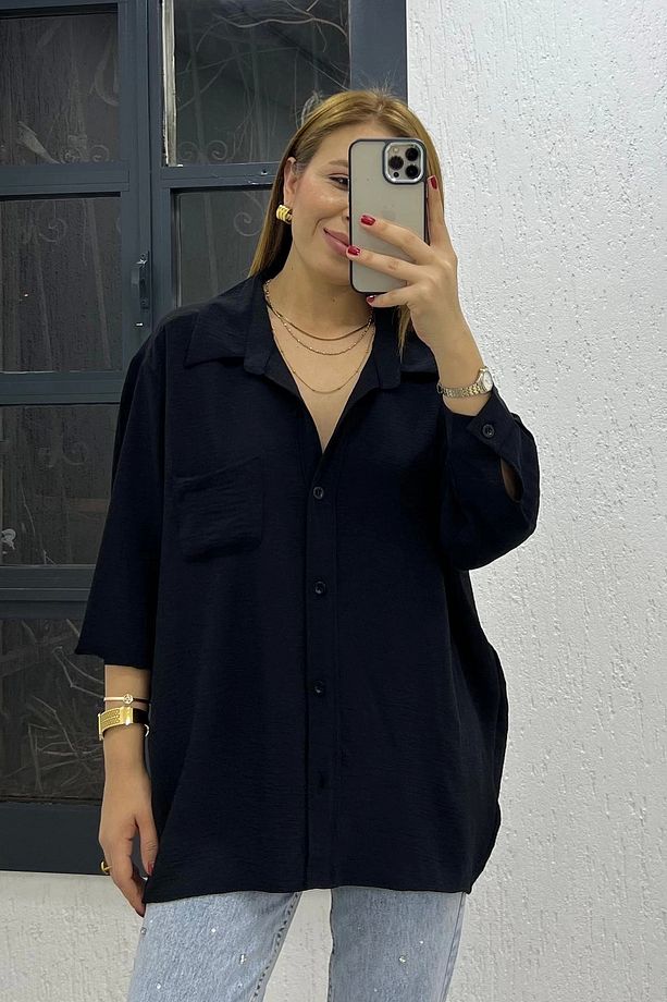 Ayrobin Kumaş Tek Cep Oversize Gömlek Siyah - 3