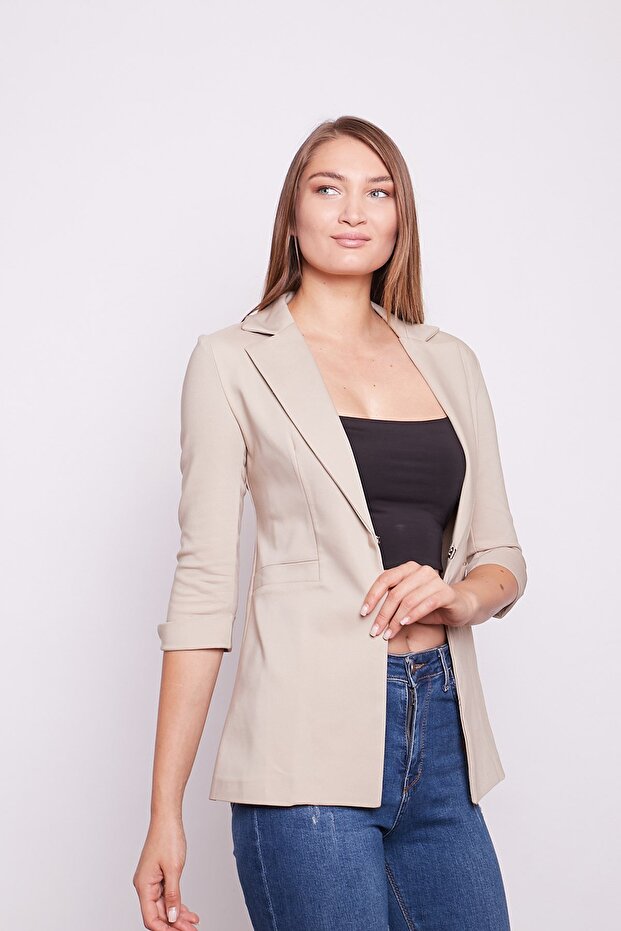 Capri Truvakar Arm Ornament Pocketed Hoop Office Blazer Fabric Jacket - Stone