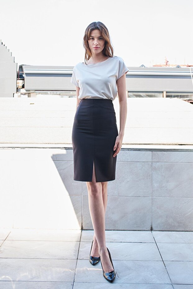 Women's High Waist Front Slit Light Lycra Stylish Fabric Below the Knee Office Pencil Skirt - Black