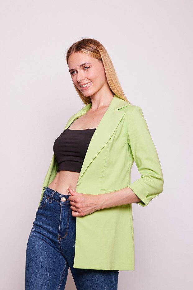 Kapri Three Quarter Sleeve Ornamental Pocketed Office Blazer Stretch Fabric Fabric Jacket-Pistachio Green