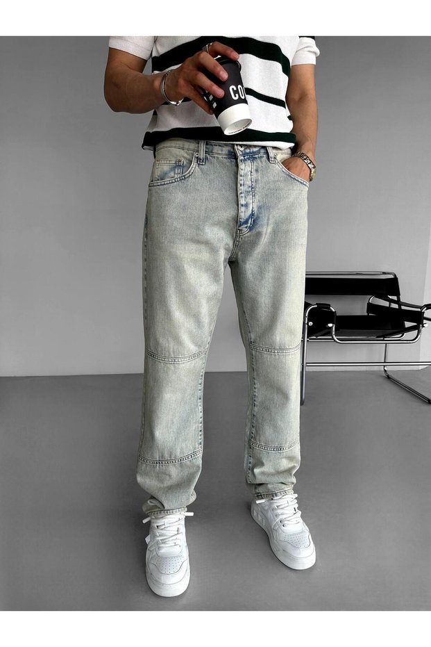 Men's Jeans - Baggy Fit, Washable Block Detail, Ice Blue