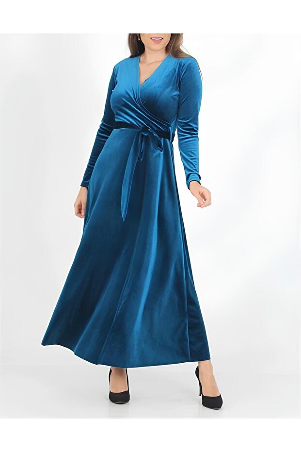 Maxi Length Double Breasted Collar Belted Velvet Dress