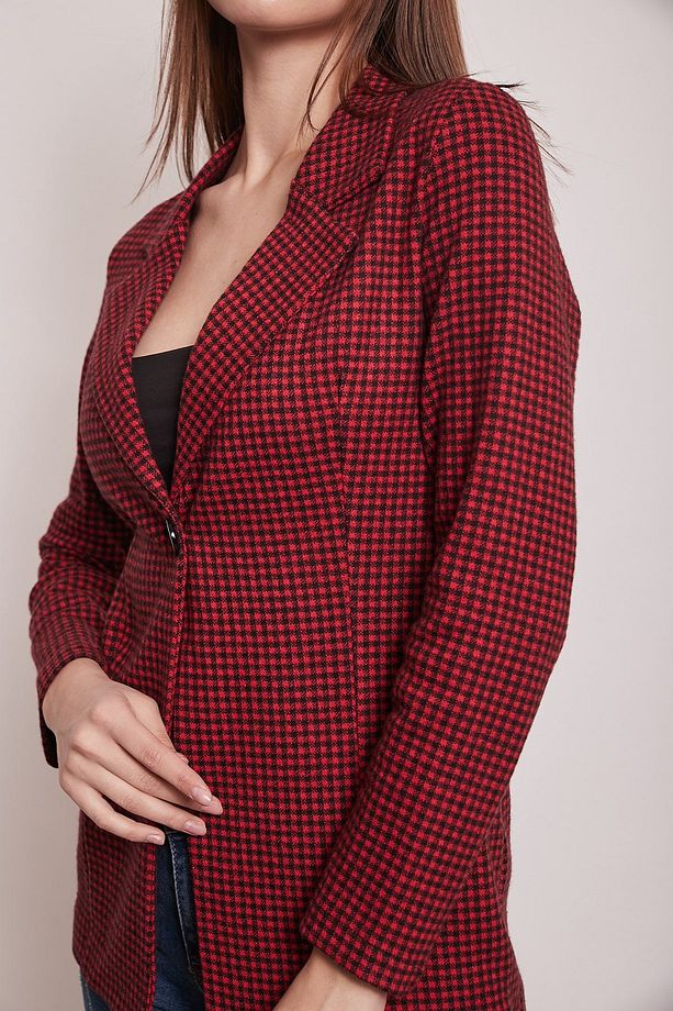 Ekose Desenli Yakalı Uzun Kol Tek Düğme Yünlü Kumaş Blazer Ceket-kırmızı Pöti Kare - 6