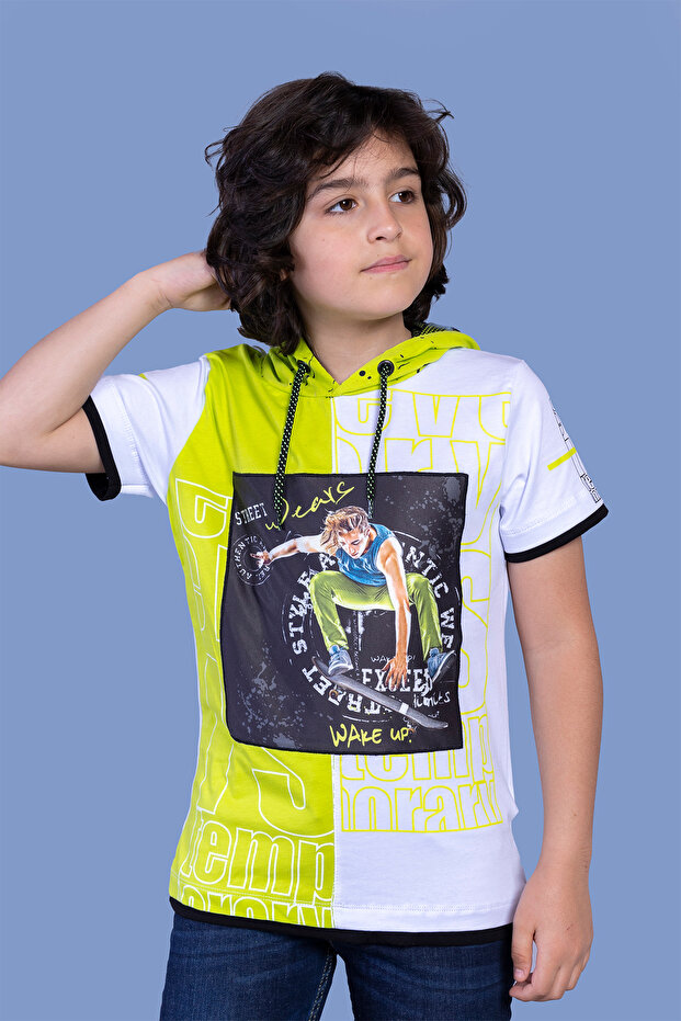 Boy's Garni Detailed Hooded Printed T-Shirt