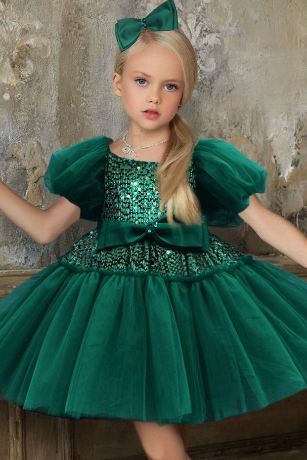 Girl's Balloon Sleeve Green Evening Dress with Sequin Detail and Fluffy Skirt