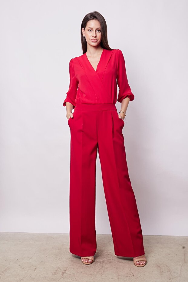 Capri Truvakar Sleeve Wide Leg Lightweight Lycra Stylish Fabric Jumpsuit-Red