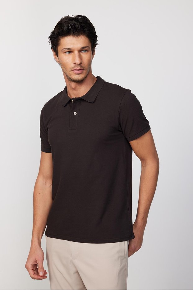 Men's Slim Fit Slim Fit 100% Cotton Plain Pique Brown Polo Collar T-Shirt