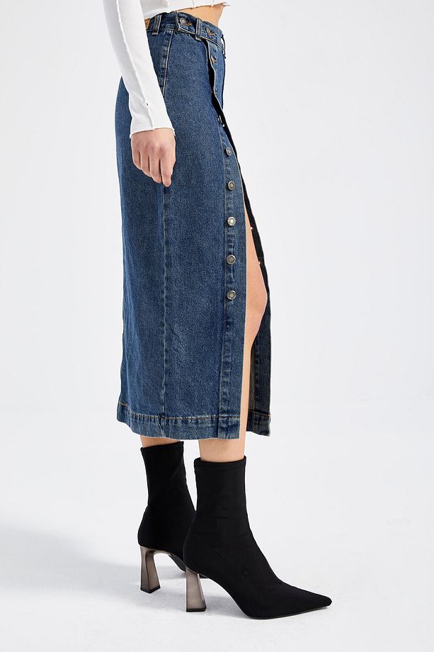Kadın Tint Kot Rengi Tilia Önü Düğmeli Maxi Boy Denim Etek - 6