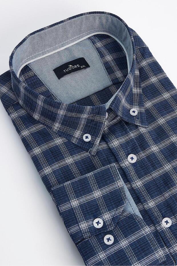 Men's Big Size Large Size Cotton Checked Buttoned Collar Shirt