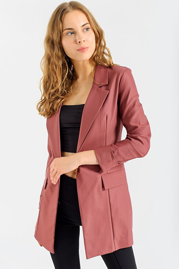 Women's Sleeve Foldable Long Sleeve Boyfriend Stylish Office Blazer Long Coat-Dusty Rose