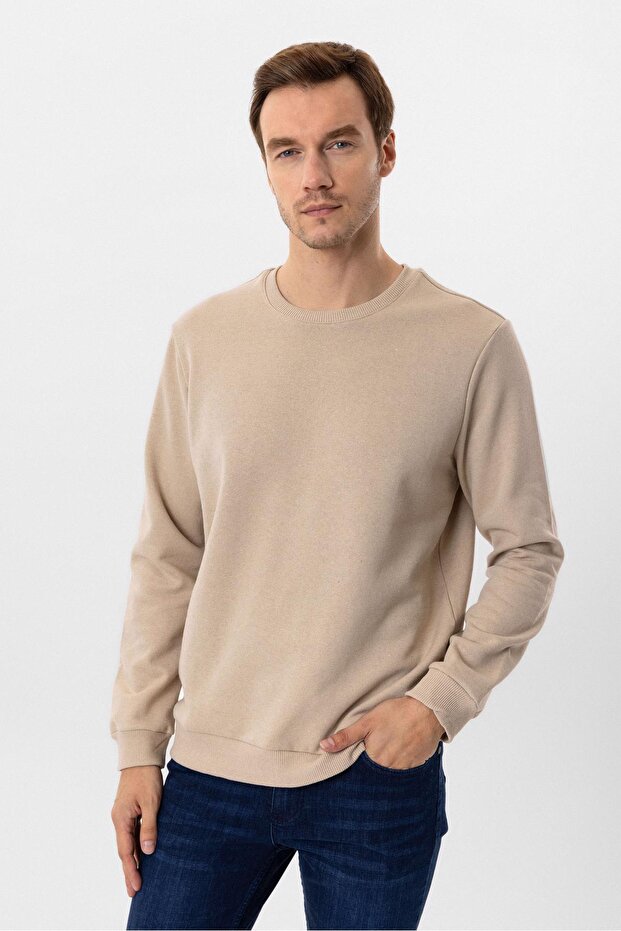 O Yaka Regular Kalıp Düz Sweatshirt - 1