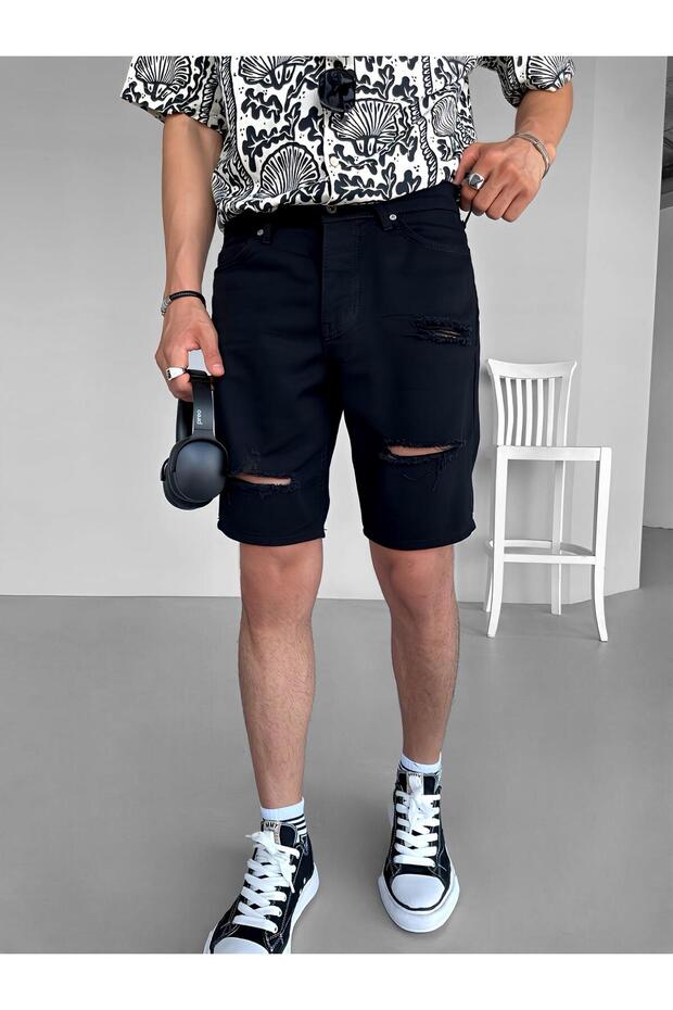 Men's Baggy Distressed Jean Shorts Black