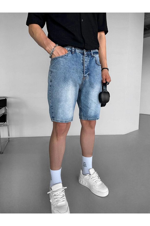 Erkek Baggy Basic Jean Şort Mavi - 1