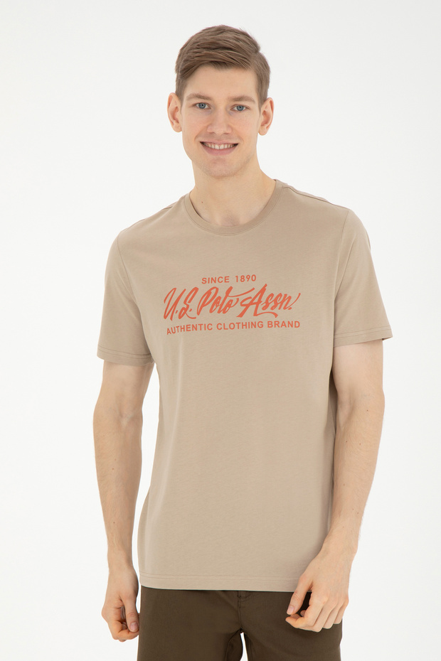 Men's Regular Fit Crew Neck Light Khaki T-Shirt 50282007-Vr183