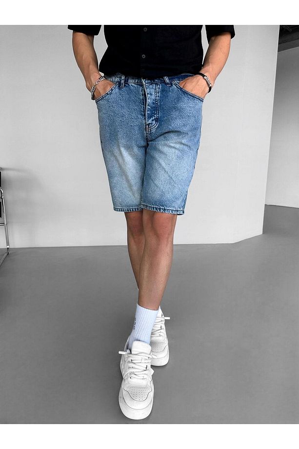 Erkek Baggy Basic Jean Şort Mavi - 3