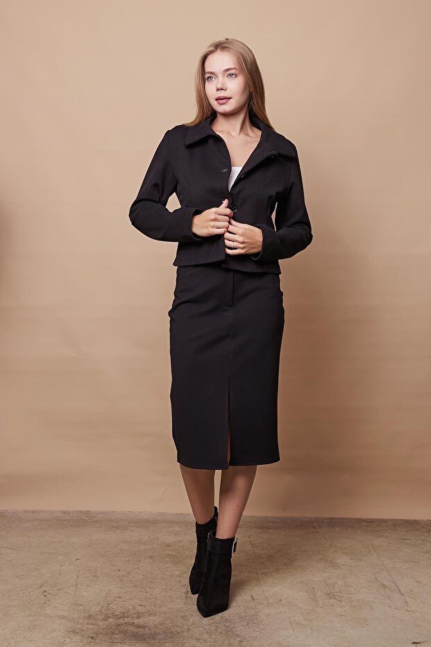 Women's Lycra Cashmere Fabric Collared Pocket Covered Long Sleeve Buttoned Short Blazer Jacket Coat-Black