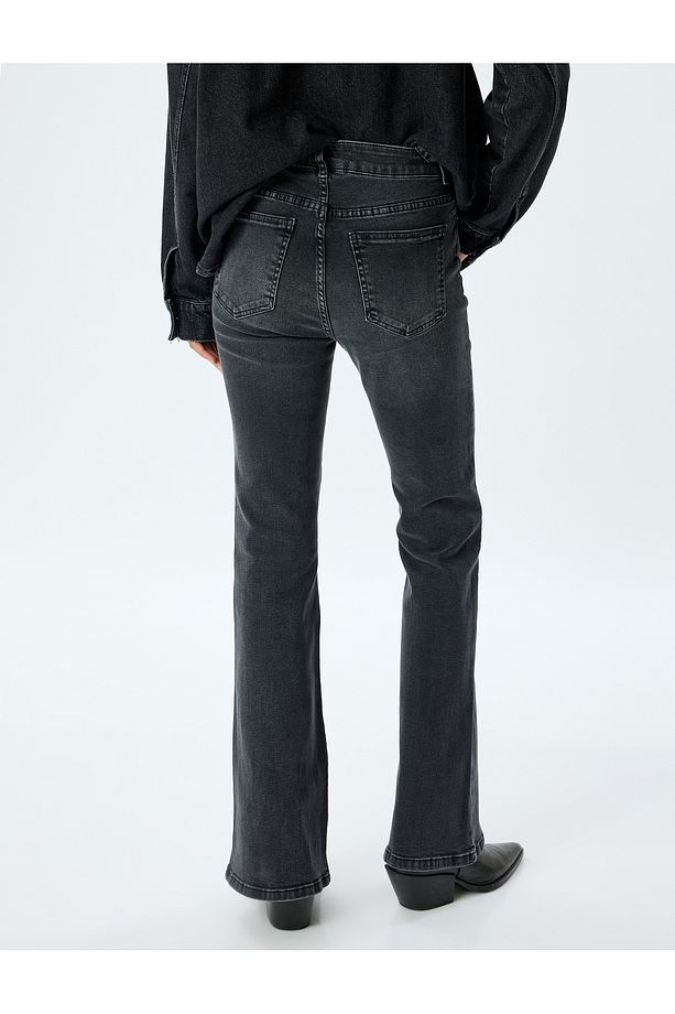 İspanyol Paça Kot Pantolon Slim Fit Yüksek Bel Düğmeli - Flare Jean - 4