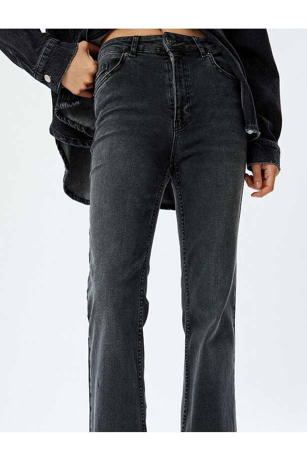 İspanyol Paça Kot Pantolon Slim Fit Yüksek Bel Düğmeli - Flare Jean - 5