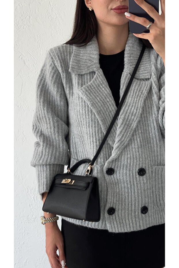 Gray Double Breasted Cardigan - 3