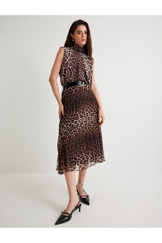 Piliseli Leopar Desenli Etek Kloş Midi Boy - 2
