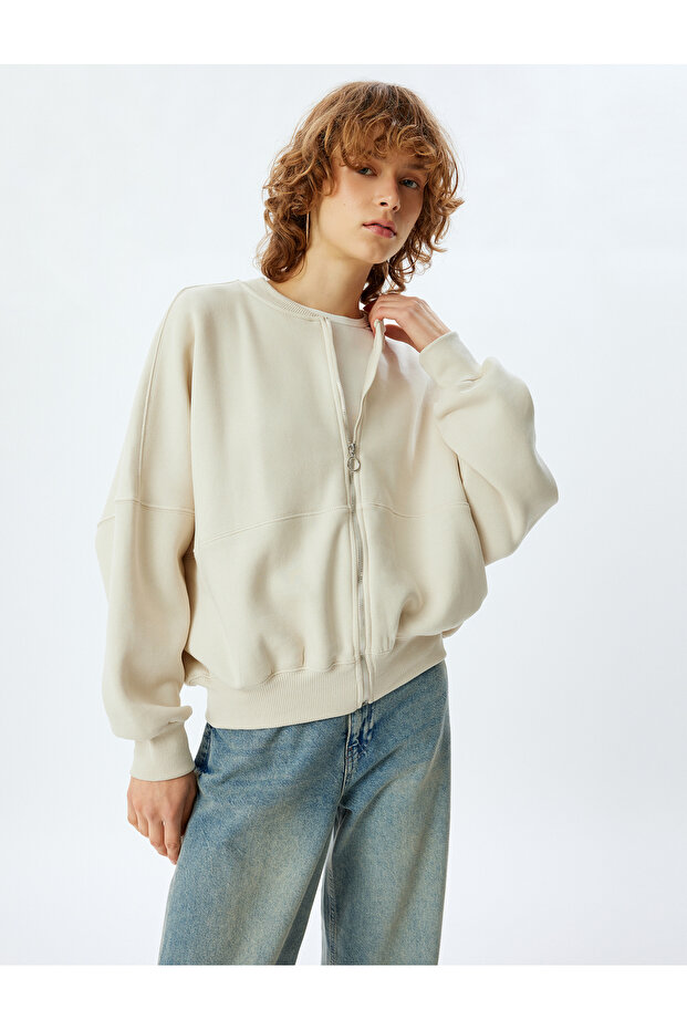 Oversized Zippered Sweatshirt with Stitching Detail and Crew Neck