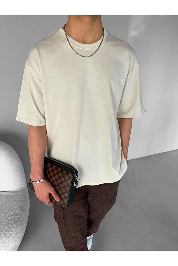 Erkek Oversize Basic T-Shirt Bej - 3