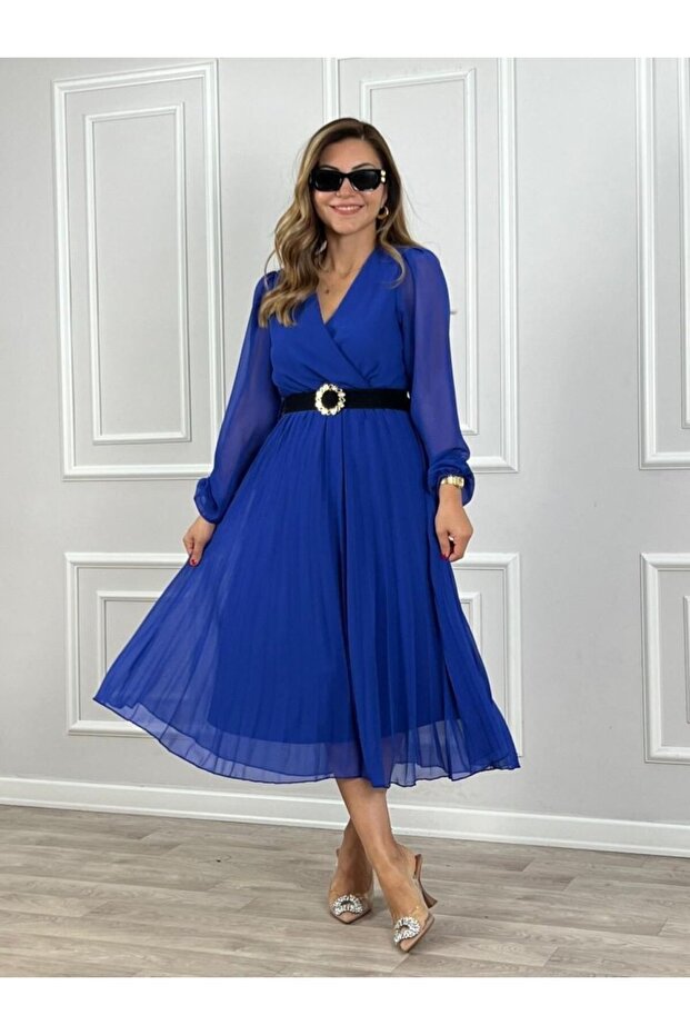 Women's chiffon fabric lined flared cut double breasted collar midi length dress