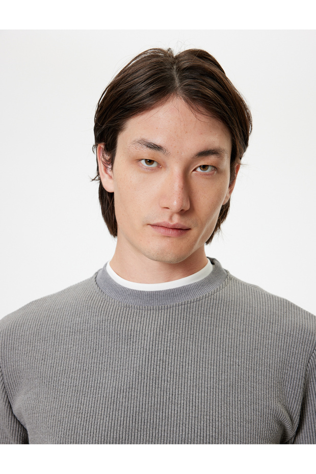 Crew Neck Textured Cotton Blended Long Sleeve Basic Sweatshirt