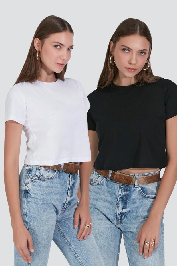 Crew Neck Short Sleeve 2-Piece Crop T-Shirt 956 Black/White