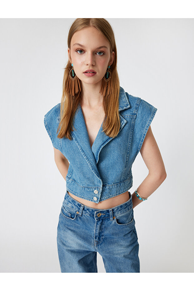 Denim Vest Double-Breasted Collar Buttoned Sleeveless Comfortable Fit