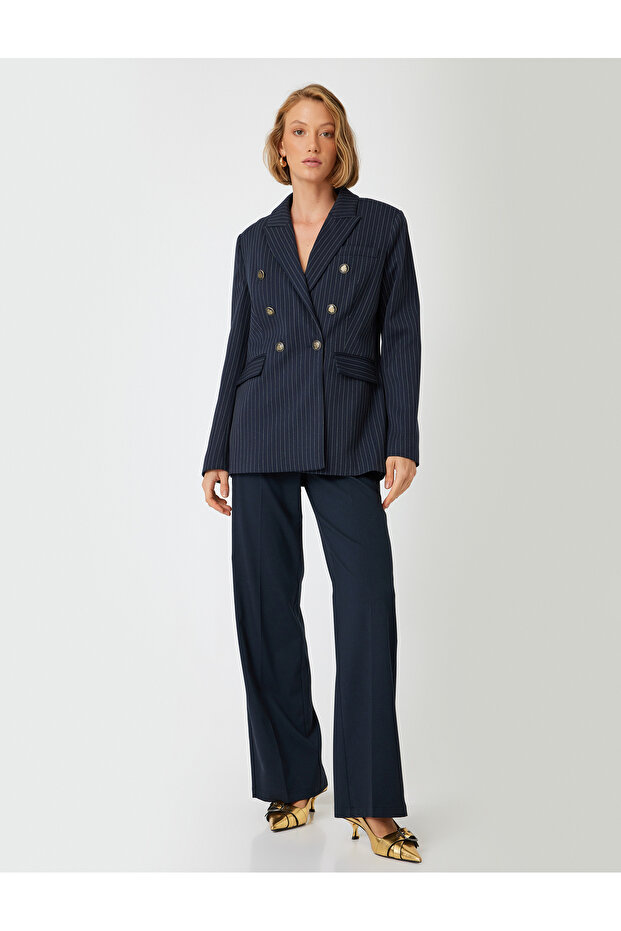 Double-Breasted Blazer Jacket, Hip Length, Covered Double Pockets, Buttoned